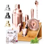 Barillio Rose Gold Bartender Kit - Stainless-Steel Cocktail Shaker Set w/Bamboo Stand - Mixology Bar Tools w/Shaker, Drink Mixer Spoon & Muddler for Cocktails - Home Bar Accessories - 10-Pc Bar Set