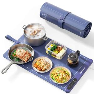 Food Warming Mat for Food, Upgrade High-tech Graphene Heating with 6-Level Adjustable Temperature and 6-Hour Timer, Silicone Roll Up Food Warming Tray, Portable for Parties (Navy Blue, Large)