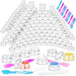 MotBach 100 Pcs 5g Empty Plastic Containers with Clear Lids,Mini Makeup Sample Containers, Small Sample Pot Jars Round Cosmetic Jars with Mini Spatulas for Liquid Sample Powder Creams Lotions