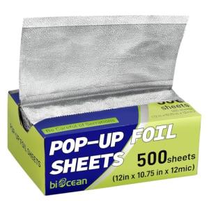 Biocean 500 Pre-Cut Aluminum Foil Sheets, 12" x 10.75" Pop-Up Foil Sheets for Restaurant Use, Disposable Food Wrapping for Burritos, Hot Dogs, and Sandwiches