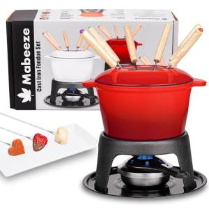Mabeeze Cast Iron Fondue Pot Set for Cheese, Chocolate or Meat - Red Enameled 1.6 Qt Pot - Includes 6 Fondue Forks