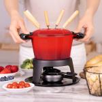 Mabeeze Cast Iron Fondue Pot Set for Cheese, Chocolate or Meat - Red Enameled 1.6 Qt Pot - Includes 6 Fondue Forks