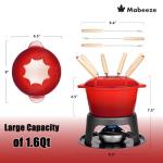 Mabeeze Cast Iron Fondue Pot Set for Cheese, Chocolate or Meat - Red Enameled 1.6 Qt Pot - Includes 6 Fondue Forks