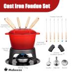 Mabeeze Cast Iron Fondue Pot Set for Cheese, Chocolate or Meat - Red Enameled 1.6 Qt Pot - Includes 6 Fondue Forks