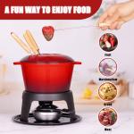 Mabeeze Cast Iron Fondue Pot Set for Cheese, Chocolate or Meat - Red Enameled 1.6 Qt Pot - Includes 6 Fondue Forks
