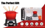 Mabeeze Cast Iron Fondue Pot Set for Cheese, Chocolate or Meat - Red Enameled 1.6 Qt Pot - Includes 6 Fondue Forks