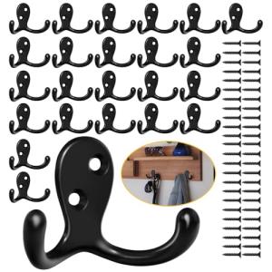 Homanu 24 Pack Coat Hooks, Heavy Duty Double Prong Coat Hooks Wall Mounted with 48 Screws, No Rust Black Metal Wall Hooks for Hanging Towel, Coat, Bag, Hat, Cup, Key