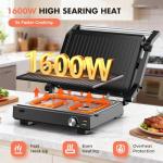 Electric Indoor Grill, 14'' Panini Press Grill, 1600W Electric Grill for Steak, Burger, Sandwich, 450℉ Dual Cooking Plates, 180° Flat Griddle, Removable Non-stick Grill & Drip Tray, Dishwasher Safe