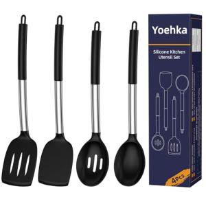 Yoehka Silicone Cooking Utensils Set for Nonstick Cookware, 4Pcs Heat Resistant Kitchen Silicone Spatula and Spoon Set with Stainless Steel Handle, Mixing, Flipping, Turning, Stirring, Black