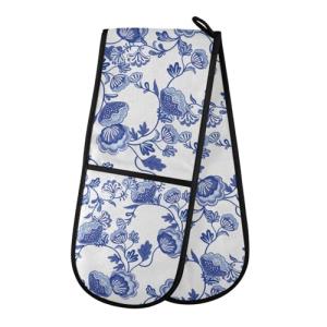 Blue Floral Double Oven Mitts - Heat Resistant