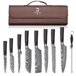 Damascus Pattern Japanese Chef Knife Set with Bag