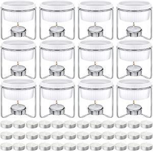 60 Pcs Ceramic Butter Warmers Set, Include 12 Butter Warmers for Seafood Melter with Stands, 48 Tea Light Candles Food Warmer Candle for Fondue Chocolate Dishwasher Microwave Oven Safe