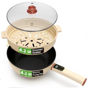 NutriChef 2 In 1 Electric Frying Pan & Steamer 8 Quarts | Portable Non-Stick Skillet for Cooking | Durable Heat Safe Handle | Touch Control Panel | 7 Cooking Functions & Electric Hot Pot | White