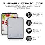 Stainless Steel Cutting Board for Kitchen, Double Sided Stainless Steel & Wheat Straw PP, Non Slip with Juice Groove, Anti-Scratch, Large Chopping Board for Kitchen (Vegetable-Themed Surface)