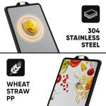 Stainless Steel Cutting Board for Kitchen, Double Sided Stainless Steel & Wheat Straw PP, Non Slip with Juice Groove, Anti-Scratch, Large Chopping Board for Kitchen (Vegetable-Themed Surface)