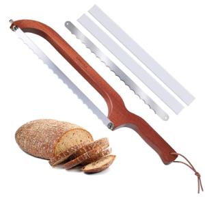 XJHEYLZ Sourdough bread knife, Bread Knife 16",Bread Slicer for Homemade Bread,Adjustable blade tightness for Even Slicing, Serrated knife,Wooden Bread cutter with Bow Design (3, Red-brown color)