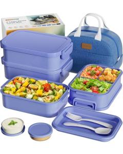 Adults Bento Box with Insulated Lunch Bag, 74oz Capacity 3 Stackable Leak-Proof Bento Box Built-In Utensil and Sauce, PFAS & BPA-Free, Microwave & Dishwasher Safe (Mist Purple)