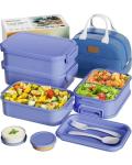 Adults Bento Box with Insulated Lunch Bag, 74oz Capacity 3 Stackable Leak-Proof Bento Box Built-In Utensil and Sauce, PFAS & BPA-Free, Microwave & Dishwasher Safe (Mist Purple)