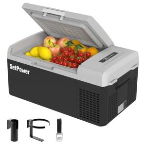 Setpower FC15 Portable 12v Refrigerator, -4℉-68℉ Fast Cooling Car Refrigerator, 15L/15.8Qt Car Fridge Portable Freezer with 12/24V DC & 110/240V AC, Electric Cooler (Black&Grey, 15L With AC Adapter)