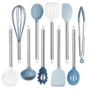 COOK WITH COLOR Silicone Cooking Utensils, Kitchen Utensil Set, Easy to Clean Silicone Kitchen Utensils, Cooking Utensils for Nonstick Cookware, Kitchen Gadgets Set, 10 Pieces, Blue and White