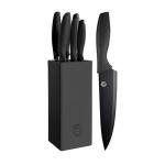 MasterChef Knife Set with Block, 6 Kitchen Knives and a Universal Knife Holder, Extra Sharp Stainless Steel Blades for Precise Cutting with Non Stick Coating & Soft Touch Easy Grip Handles, Black