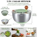 5.3Qt Stainless Steel Salad Spinner with Stop Button, Vegetable Dryer Spinner, Salad Spinner Stainless Steel with Drain, Non-Slip Base, Dishwasher Safe