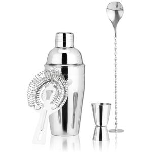 True 4-Piece Cocktail Shaker Set Includes Cobbler Shaker, Strainer, Jigger, Bar Spoon for Classic Cocktails, Mixed Drinks, Cold Brew, Home Bar Tools, Bartender Gifts, Bar Cart Accessories, Silver