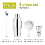 True 4-Piece Cocktail Shaker Set Includes Cobbler Shaker, Strainer, Jigger, Bar Spoon for Classic Cocktails, Mixed Drinks, Cold Brew, Home Bar Tools, Bartender Gifts, Bar Cart Accessories, Silver