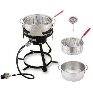Feasto 10 Qt Aluminum Outdoor Propane Gas Fish Fryer Pot Kit with Strainer Basket, 50,000 BTU Burner, Adjustable 0-5 PSI Regulator, Perfect for Boiling and Frying