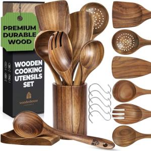 Wooden Utensil Set 8 Pcs – Sturdy & Easy to Clean, Natural Teak Wooden Spoons for Cooking – Non-Scratch Cooking Utensils with Spatula, Turner, Ladle, Spoons, Holder, Spoon Rest, 6 Hooks Kitchen Gifts