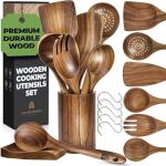 Wooden Utensil Set 8 Pcs – Sturdy & Easy to Clean, Natural Teak Wooden Spoons for Cooking – Non-Scratch Cooking Utensils with Spatula, Turner, Ladle, Spoons, Holder, Spoon Rest, 6 Hooks Kitchen Gifts