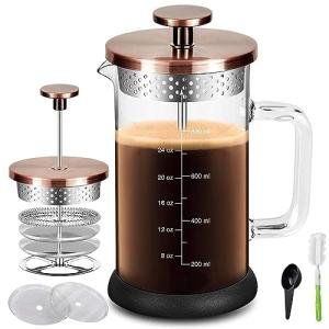 YMMIND French Press Coffee Maker 34 Ounce Espresso Tea Coffee Maker with 4 Filters System, Stainless Steel Plunger and Heat Resistant Borosilicate Glass BPA-Free Brewed Tea Pot Coffee Plunger