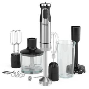 MuellerLiving Immersion Hand Blender Full Set - 8 Speed Immersion Blender, Hand Mixer with 7 Attachments: Stainless Steel Blade, Whisk, Milk Frother, Beater, Mixing Hooks, Potato Masher, Chopper Bowl