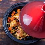 KooK Moroccan Tagine, Enameled Cast Iron Cooking Pot, Tajine with Ceramic Cone-Shaped Closed Lid, 3.3 QT, (Crimson)