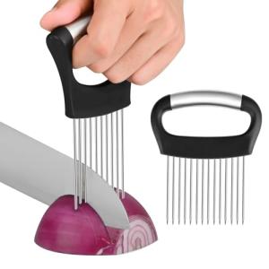 【2 PCS】Onion Holder for Slicing - Stainless Steel Vegetable & Fruit Cutter Chopper for Onions, Tomatoes, Avocados, Potatoes, Eggs, Meat & Lemon - Kitchen Slicer Assistant with Neat Guide & Tenderizer.