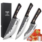Huusk Hand Forged Chef Knife Set, High Carbon Steel Butcher Knife Set, Japanese Kitchen Knives for Home, Outdoor BBQ Camping Cooking, Christmas Gift Idea Men