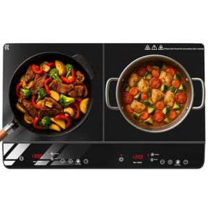 JollyOne Double Burner Induction Cooktop, 1800W Portable Induction Cooktop 2 Burner with 9 Temp & Power Independent Touch Control, Electric Stove Top Cooker with Safety Lock, 3 Hour Timer