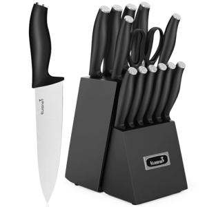 Kuisine Kitchen Chef Knife Block Set,High Carbon Stainless Steel Sharp Knife Set with Built-in Sharpener,Elegant Gift(Black,15pcs)