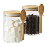 Glass Sugar Container with Spoon - 2 Pack 15oz Glass Jars with Bamboo Lid and Spoon, Bamboo Lid Storage Jar Canister for Coffee Beans, Spice, Brown Sugar, Tea, Flour, Nuts, Candy, Salts and More