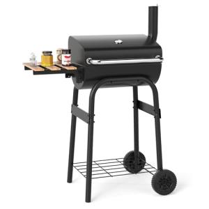 Giantex Portable Charcoal Grill with Foldable Side Table, Outdoor BBQ Smoker Grill with Wheels, Thermometer, Adjustable Air Vent, Bottom Shelf, Barrel Barbecue Grills for Patio, Camping & Tailgate