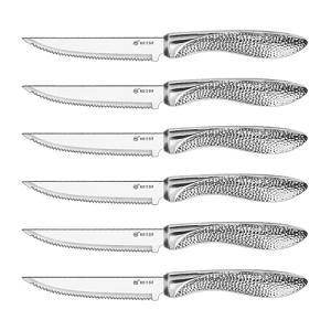 HISSF Serrated Steak Knives, Stainless Steel Sharp Blade Flatware Steak Knives Set of 6, Unique Hammered Pattern Hollowed Handle,4.5 In,For Kitchen Restaurant Tableware, Dishwasher Safe