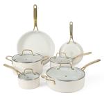 Martha Stewart Lockton Premium Non stick Non Toxic PFA Free Ceramic Interior 10 Piece Heavy Gauge Enamel Aluminum Pots and Pans Cookware Set - Linen White w/Gold Handle