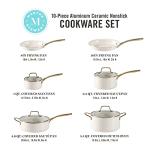Martha Stewart Lockton Premium Non stick Non Toxic PFA Free Ceramic Interior 10 Piece Heavy Gauge Enamel Aluminum Pots and Pans Cookware Set - Linen White w/Gold Handle