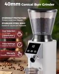 Tuni G1 Conical Burr Coffee Grinder, 48 Grind Settings Anti-static Burr Mill, Precision Electronic Timer and LED Touchscreen for Espresso/Drip/Cold Brew/French Press, Stainless Steel, Ivory