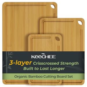 Keechee Wood Cutting Board for Kitchen - Reversible Bamboo Cutting Boards Gift Set of 3 with Juice Groove, Wooden Chopping Board for Meat, Fruit, Vegetables & Cheese (Pre Oiled, Natural)