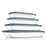 KOMUEE 8 Pieces Glass Baking Dish with Lids Rectangular Glass Baking Pan Bakeware Set with Lids, Baking Pans for Lasagna, Leftovers, Cooking, Kitchen, Fridge-to-Oven, Gray