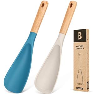Cooking Spoon for Nonstick Cookwares, Great for Cooking and Serving Sturdy BPA-Free Matte Silicone, Wood Handle Spoon for Mixing, Scoop, and Scrape (Khaki & Turquoise, 11.4 inch)