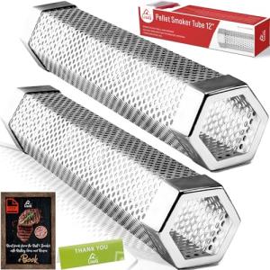 LIZZQ Premium Pellet Smoker Tube 12" (Set of 2) - 5 Hours of Billowing Smoke, Hot or Cold Smoking, for Any Grill or Smoker, An Easy and Safe Way to Provide Smoking, Free eBook Grilling Ideas & Recipes