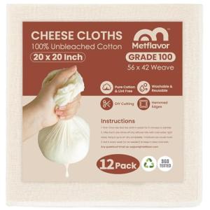 12Pcs Reusable Cheesecloth for Straining 20x20 Inch,100 Grade Cheese Cloths Hemmed Edges, 100% Unbleached Cotton Cheese Cloth,Ultra-Dense Cloth Strainer for Yogurt/Nut Milk/Baking Making 56x42 Weave