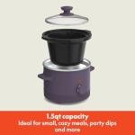 bella 1.5 Qt Slow Cooker with 3 Heat Manual Control, Ceramic Nonstick Coating, Dishwasher Safe Stoneware Pot and Tempered Glass Lid, Tangle Free Cord Wrap & Cool Touch Handles, Plum